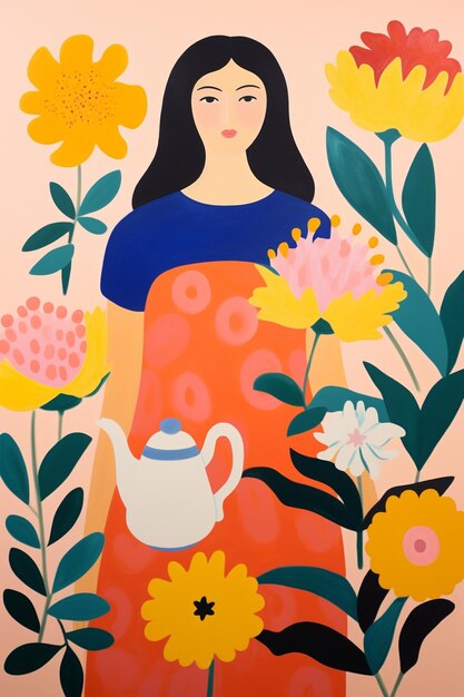 Painting of a woman in a dress with flowers and a teapot generative ai