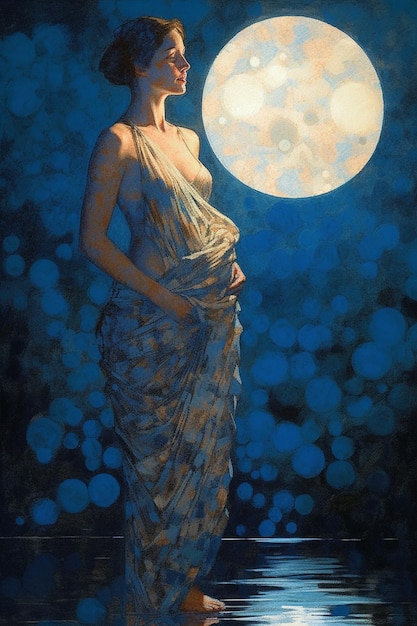 月を背景にドレスを着た女性の絵。