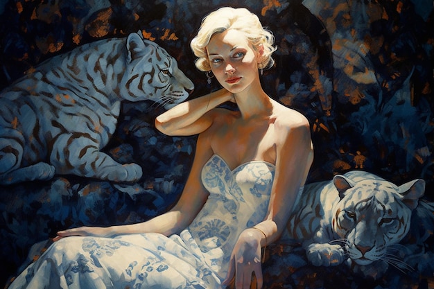 A painting of a woman in a dress with two white tigers on it.