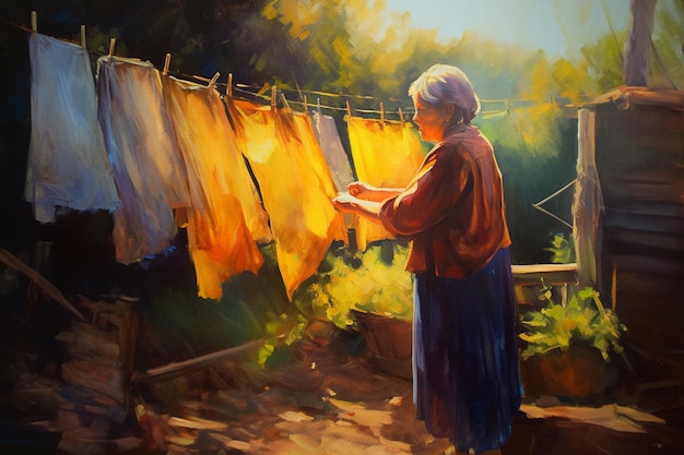 A painting of a woman drying clothes on a clothesline.