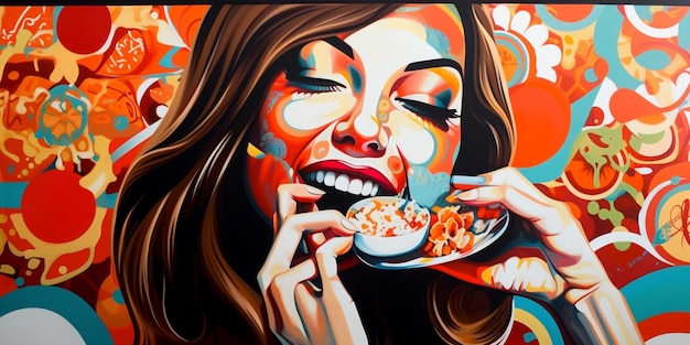 Foto dipinto di una donna che mangia cereali con un cucchiaio davanti al viso ai generativa