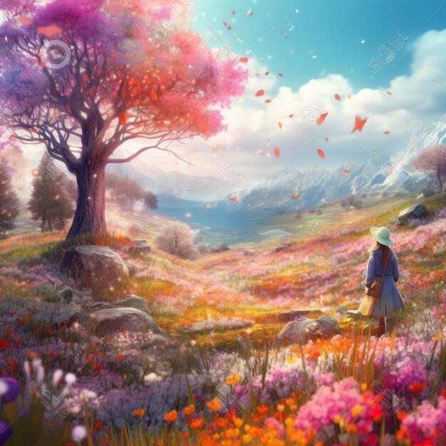 Painting of a woman in a field of flowers looking at a tree generative ai