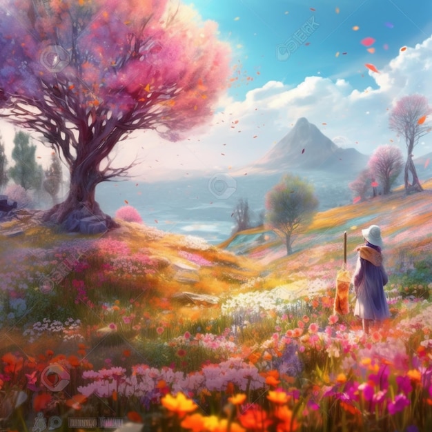 Painting of a woman in a field of flowers with a dog generative ai