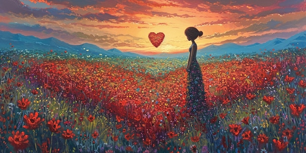 painting of a woman in a field of flowers with a heart shaped balloon generative ai