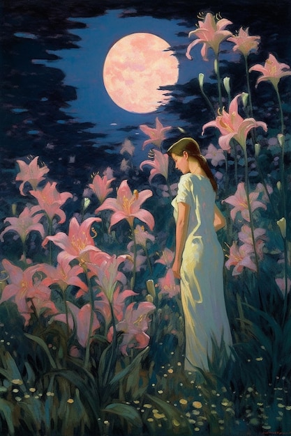 月を背景に花畑にいる女性の絵。