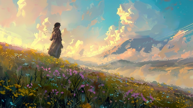 a painting of a woman in a field of flowers with the sun setting behind her