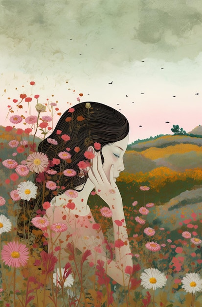 Foto un dipinto di una donna in un campo di fiori