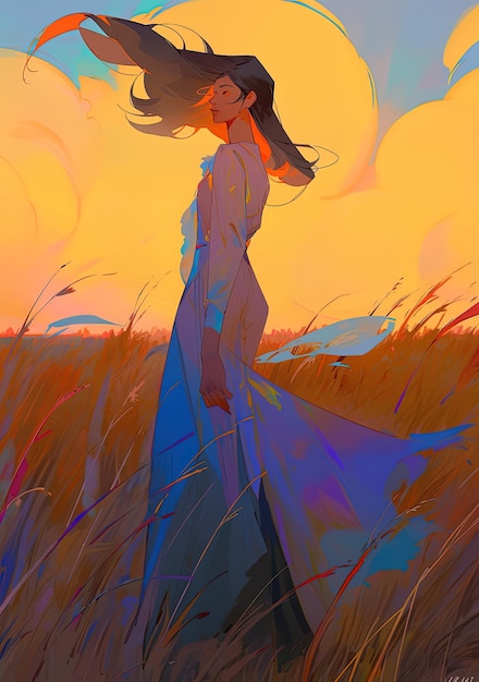 Photo a painting of a woman in a field with the sun behind her