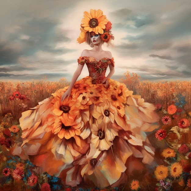 A painting of a woman in a flower dress