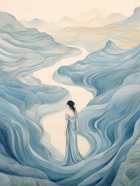 流れる青いドレスを着た女性が谷に立っている絵画 ゲネレーティブ・アイ