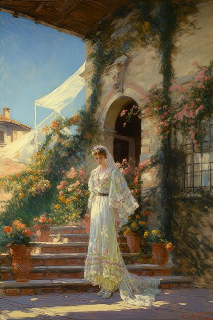 Photo a painting of a woman in front of a house with flowers