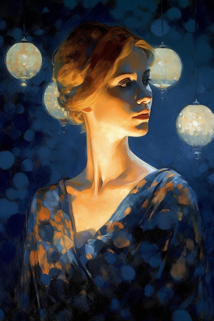 A painting of a woman in front of lights