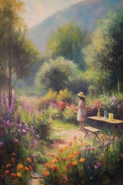 Painting of a woman in a garden with flowers and a table generative ai