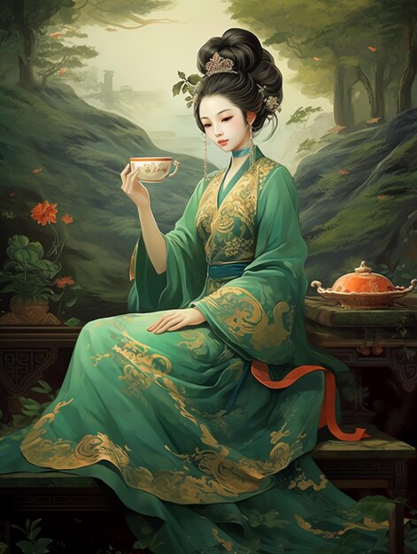 painting of a woman in a green dress holding a cup generative ai