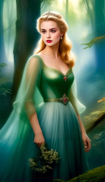 Painting of woman in green dress standing in wooded area