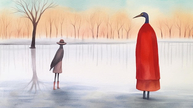 A painting of a woman in a hat and coat looking at a bird on a frozen lake.