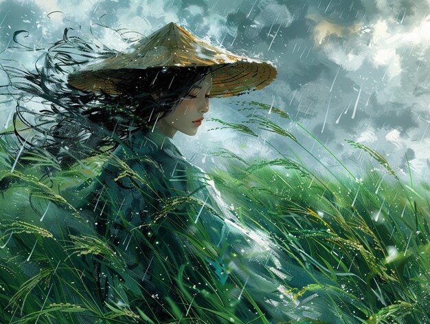 Photo painting of a woman in a hat and raincoat walking through tall grass generative ai