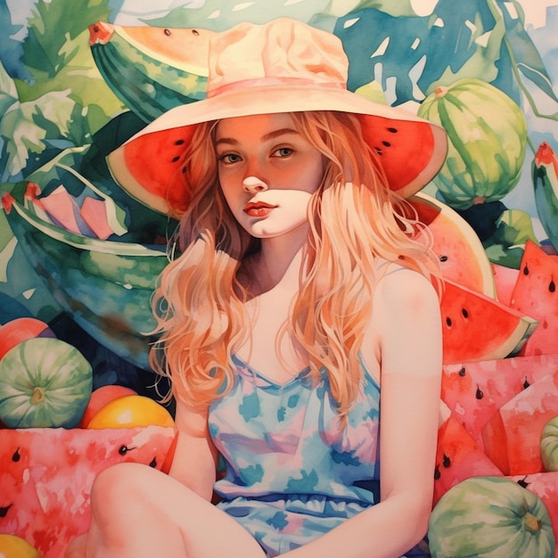 painting of a woman in a hat sitting on a bed of watermelons generative ai