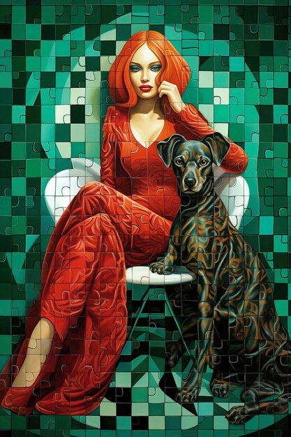 a painting of a woman and her dog in a room with a green background