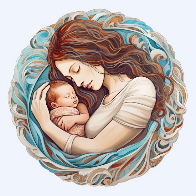 Painting of a woman holding a baby in a blue circle generative ai