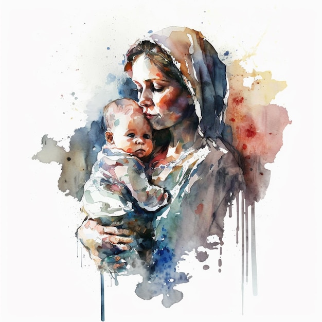 painting of a woman holding a baby in her arms generative ai