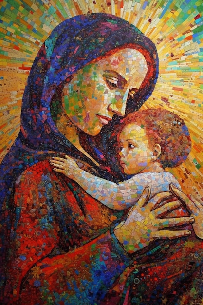 A painting of a woman holding a baby with a blue scarf.