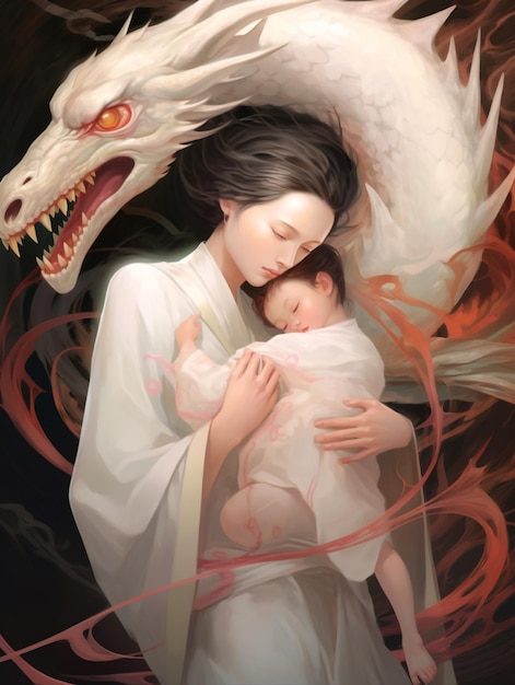 頭にドラゴンが乗った赤ちゃんを抱く女性の絵 生成ai