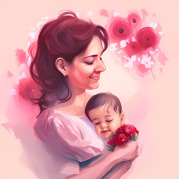 A painting of a woman holding a baby with red flowers in the background