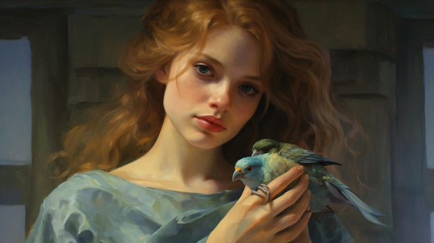 a painting of a woman holding a bird