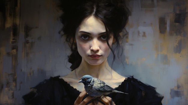 a painting of a woman holding a bird