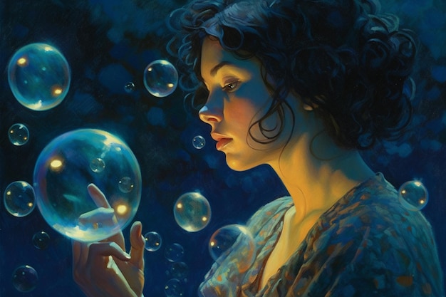 A painting of a woman holding bubbles