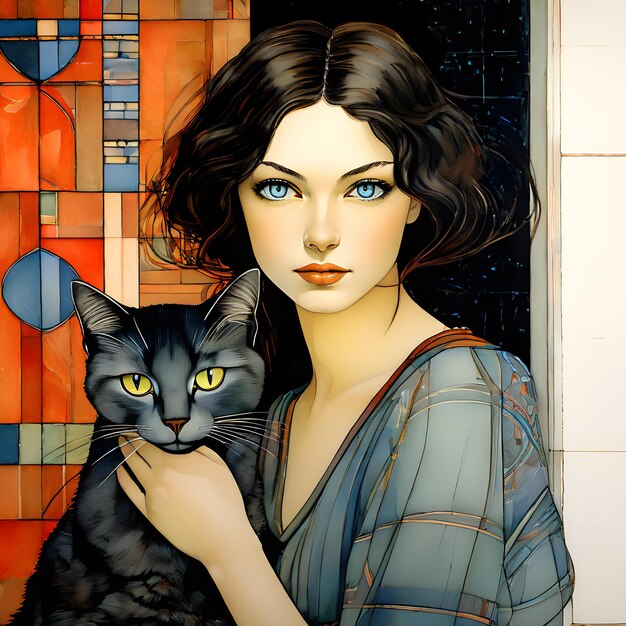 a painting of a woman holding a cat with a blue eyes