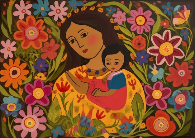 painting of a woman holding a child in a colorful floraled field generative ai