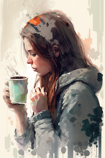 Painting of a woman holding a cup of coffee in her hand generative ai