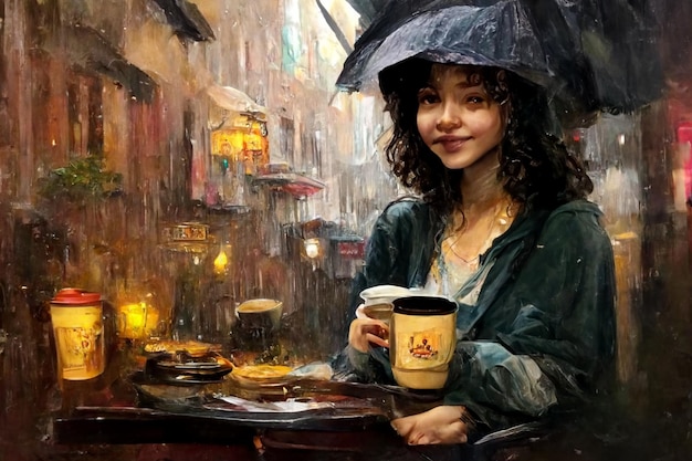 A painting of a woman holding a cup of coffee and holding an umbrella.