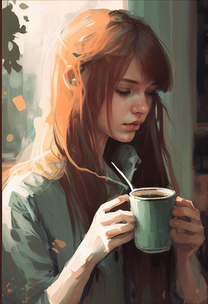 Painting of a woman holding a cup of coffee with a spoon in her hand generative ai