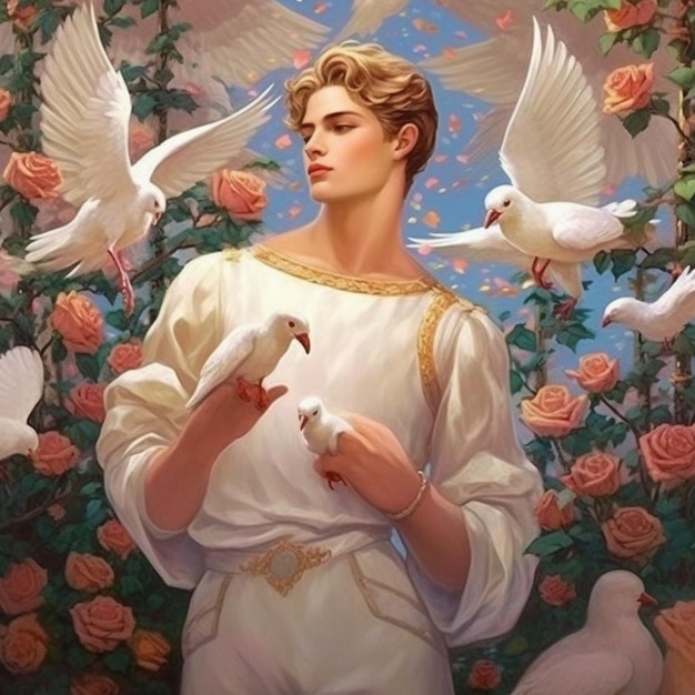 Painting of a woman holding a dove and a bunch of birds generative ai