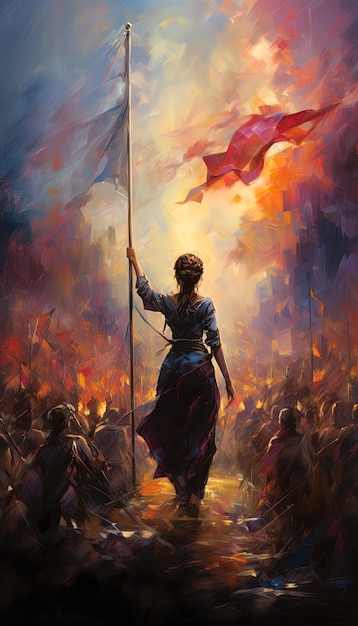 A painting of a woman holding a flag with the words " god " on it.