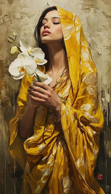 Картина женщины с цветом в руках