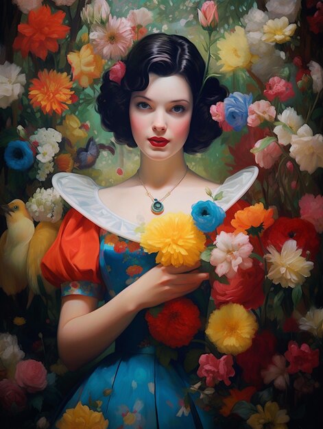 A painting of a woman holding flowers in front of a colorful background.