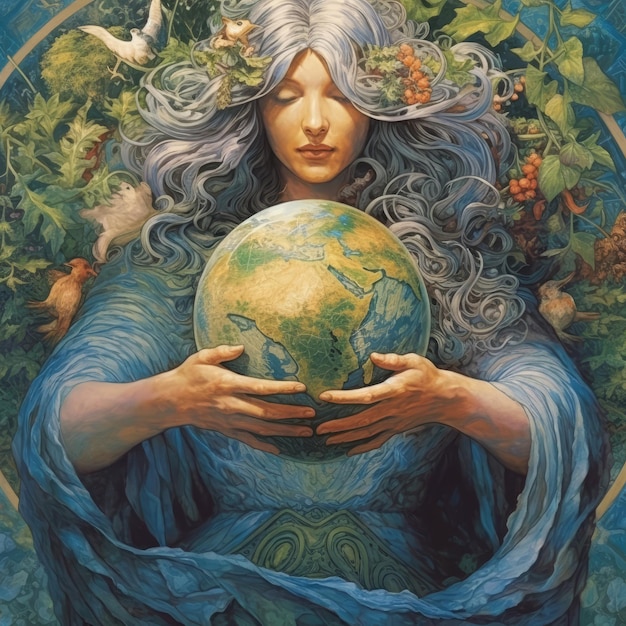 지구 를 들고 있는 여자 의 그림 과 그 주변 에 있는 식물 들