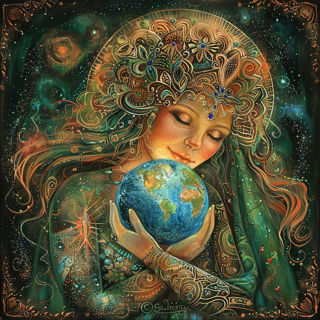 a painting of a woman holding a globe with the word earth on it