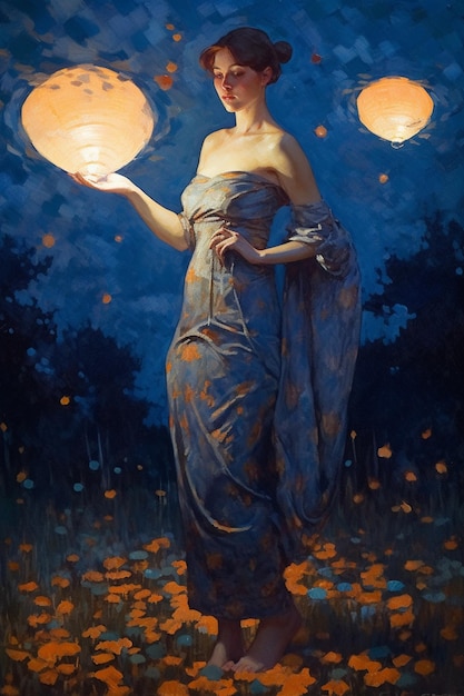 Картина женщины с фонарями в ночном небе.