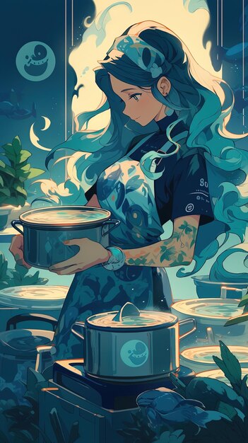 a painting of a woman holding a pot with the words  blue  on it