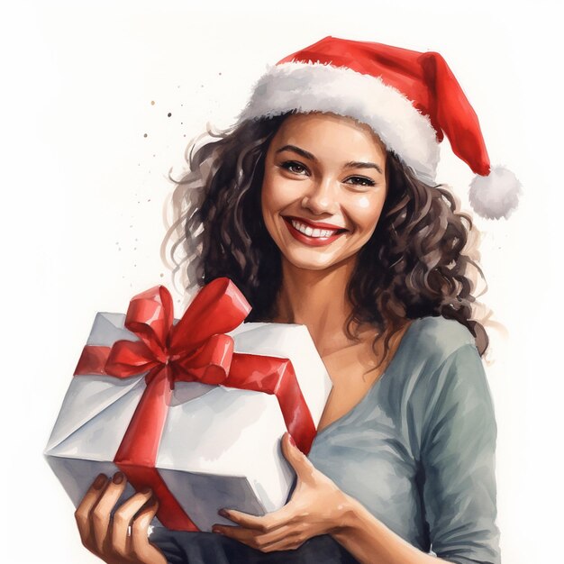 Photo painting of a woman holding a present with a santa hat on generative ai