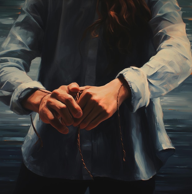 A painting of a woman holding a rope with her hands tied to it.