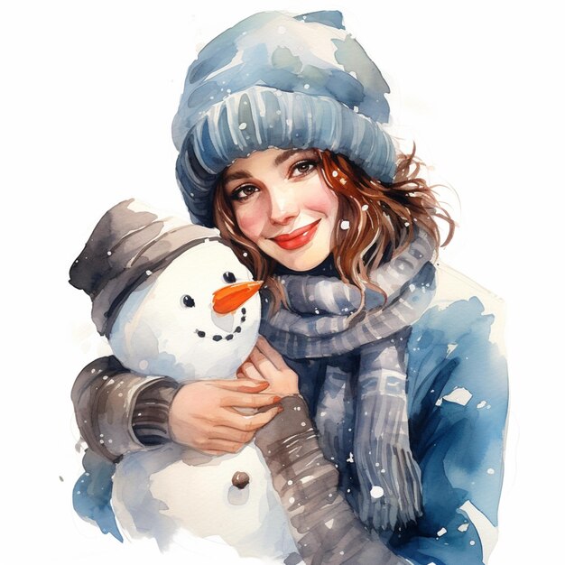 painting of a woman holding a snowman in her hands generative ai