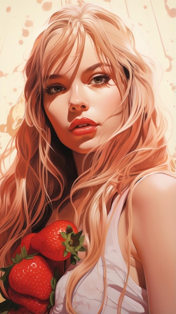 A painting of a woman holding a strawberry