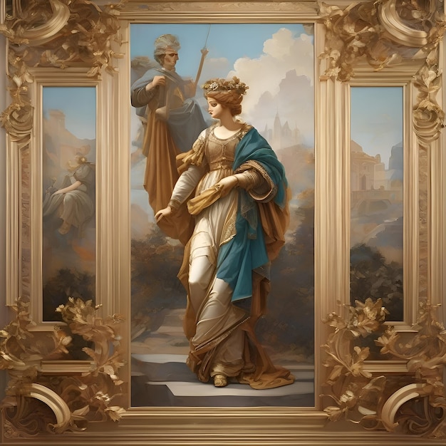 a painting of a woman holding a sword and a man in a blue robe.