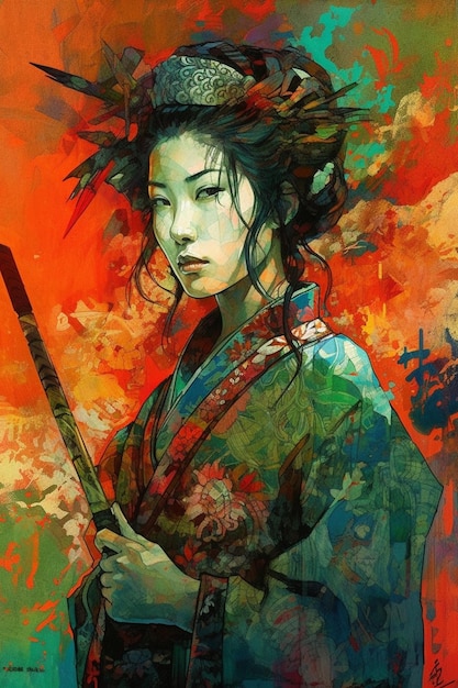 A painting of a woman holding a sword and wearing a kimono.